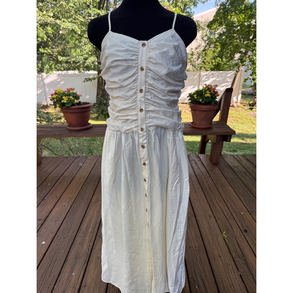 Future Collective Ruched Button‎ Front Midi Dress Cream Sleeveless Pockets Small